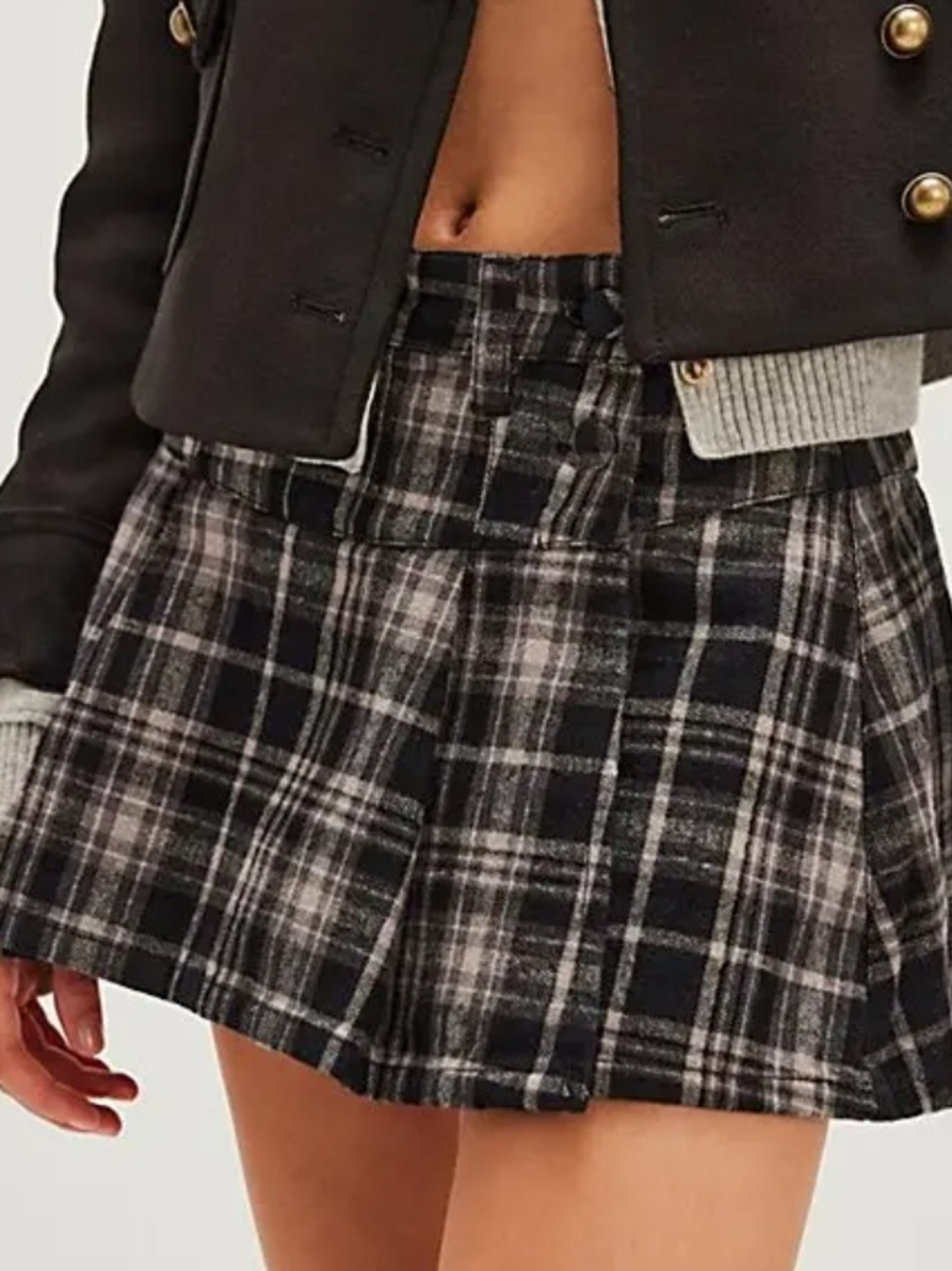 Free People Serena Micro Plaid Pleated Mini Skort In Black/Gray - 2